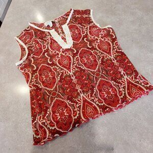 WARDROBE ESSENTIALS Women's Red Graphic Sleeveless Cropped Blouse Lace Trim LGE